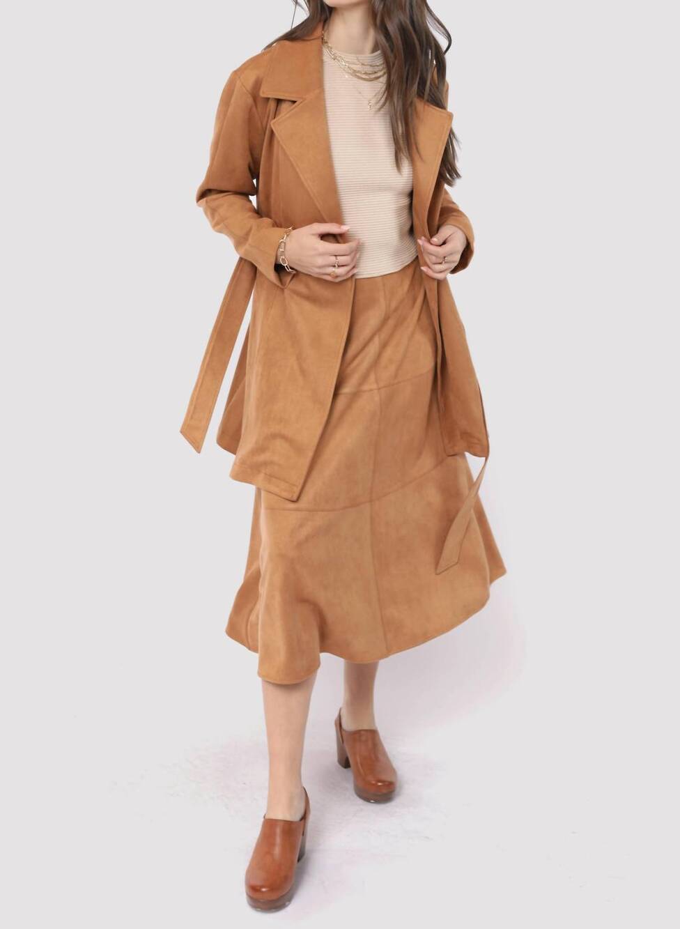 NEW SADIE & SAGE risk taker faux suede belted coat in brown